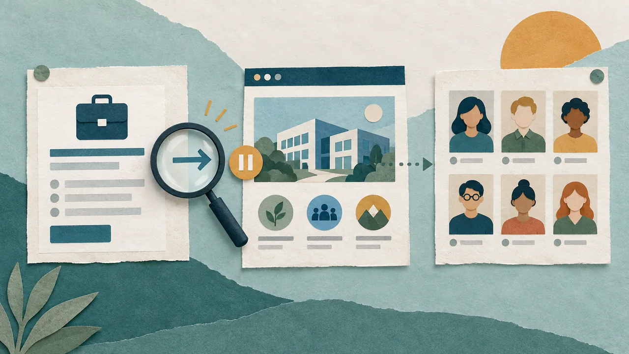 Three sources, one verification Illustration showing a job posting, official careers page, and team directory being checked in sequence.