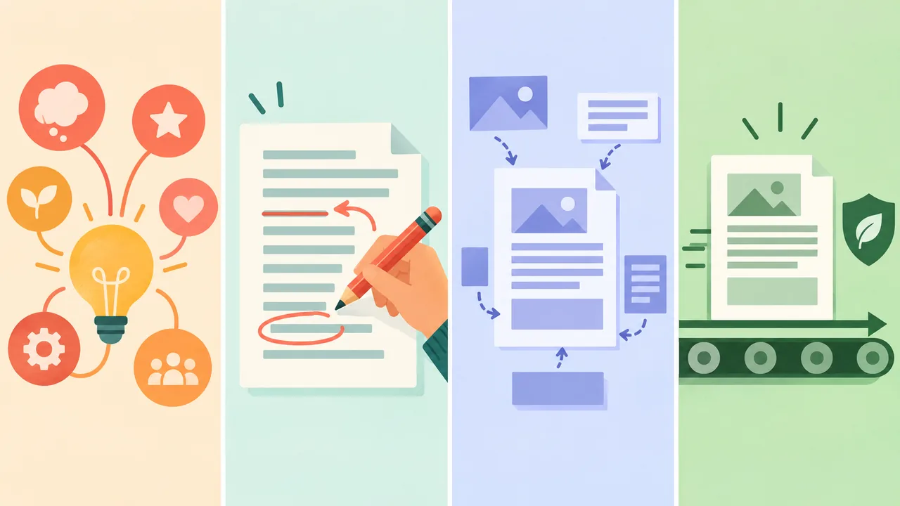 Four stages of writing assistance Four distinct cards represent brainstorming, editing, drafting, and generated text submitted unchanged.