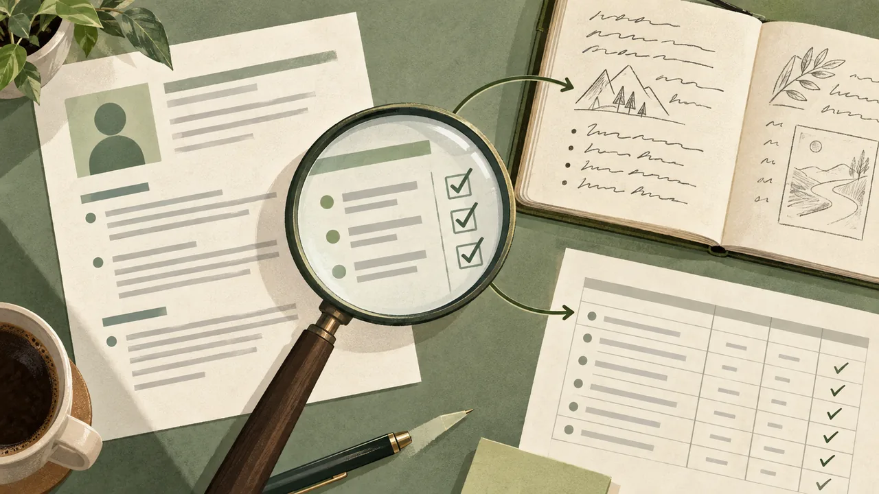Trace each application claim to its evidence A magnifying glass connects a resume claim to a personal note and a supporting record.