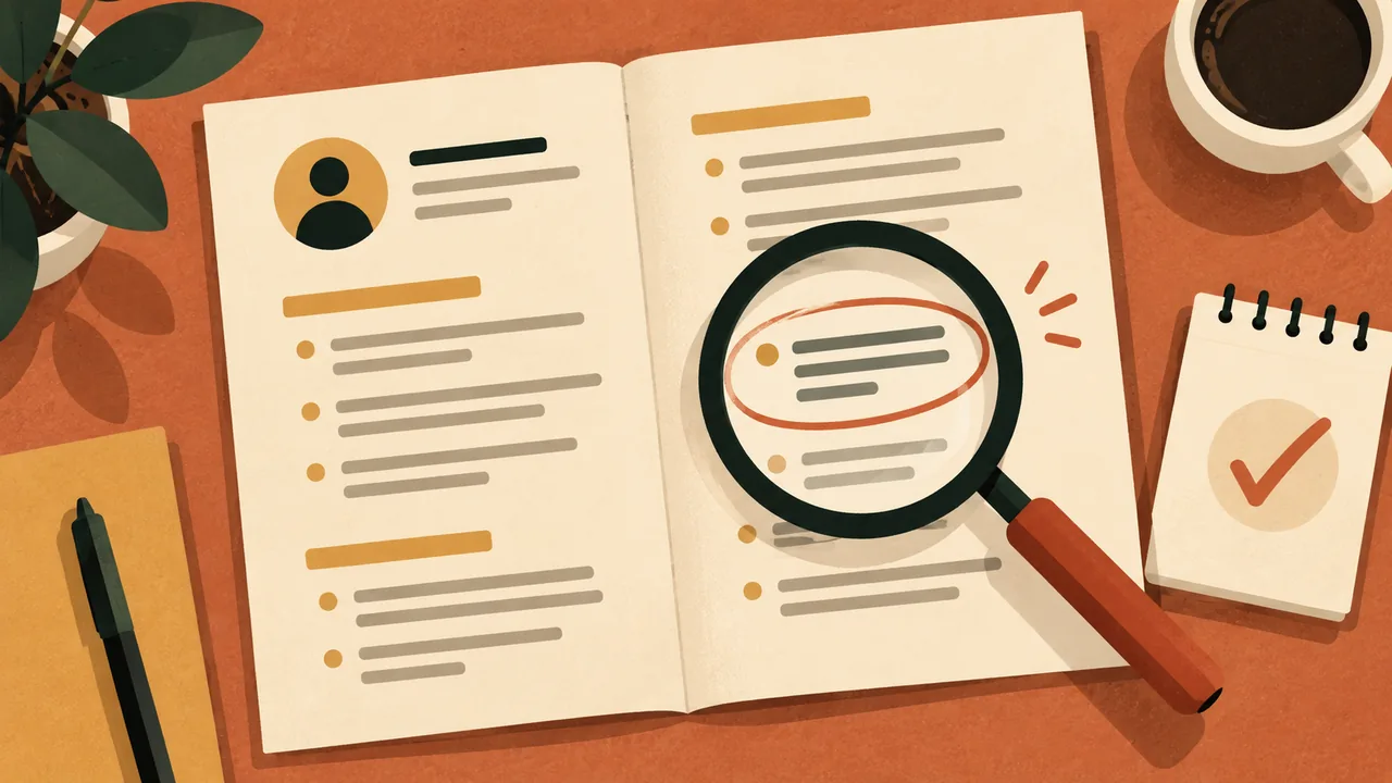 Research one detail, then stop A person reviews a job posting beside a magnifying glass and one circled task.