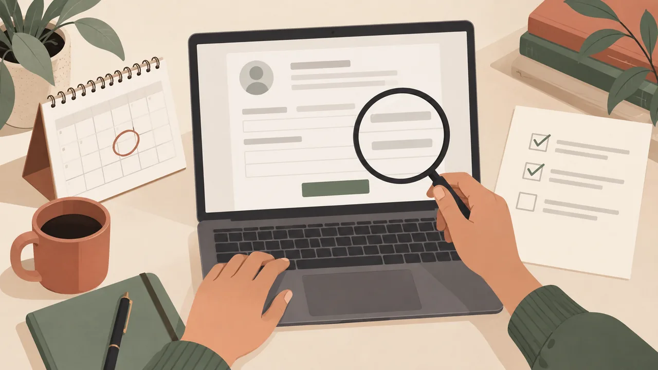 Pause, Check, Then Submit A hand checks dates and question wording on an application before submission.