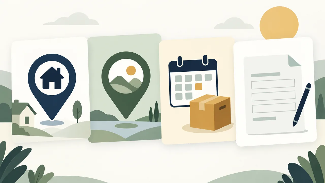 Four location facts, four distinct choices Four separate cards represent current location, target location, relocation plan, and application address.