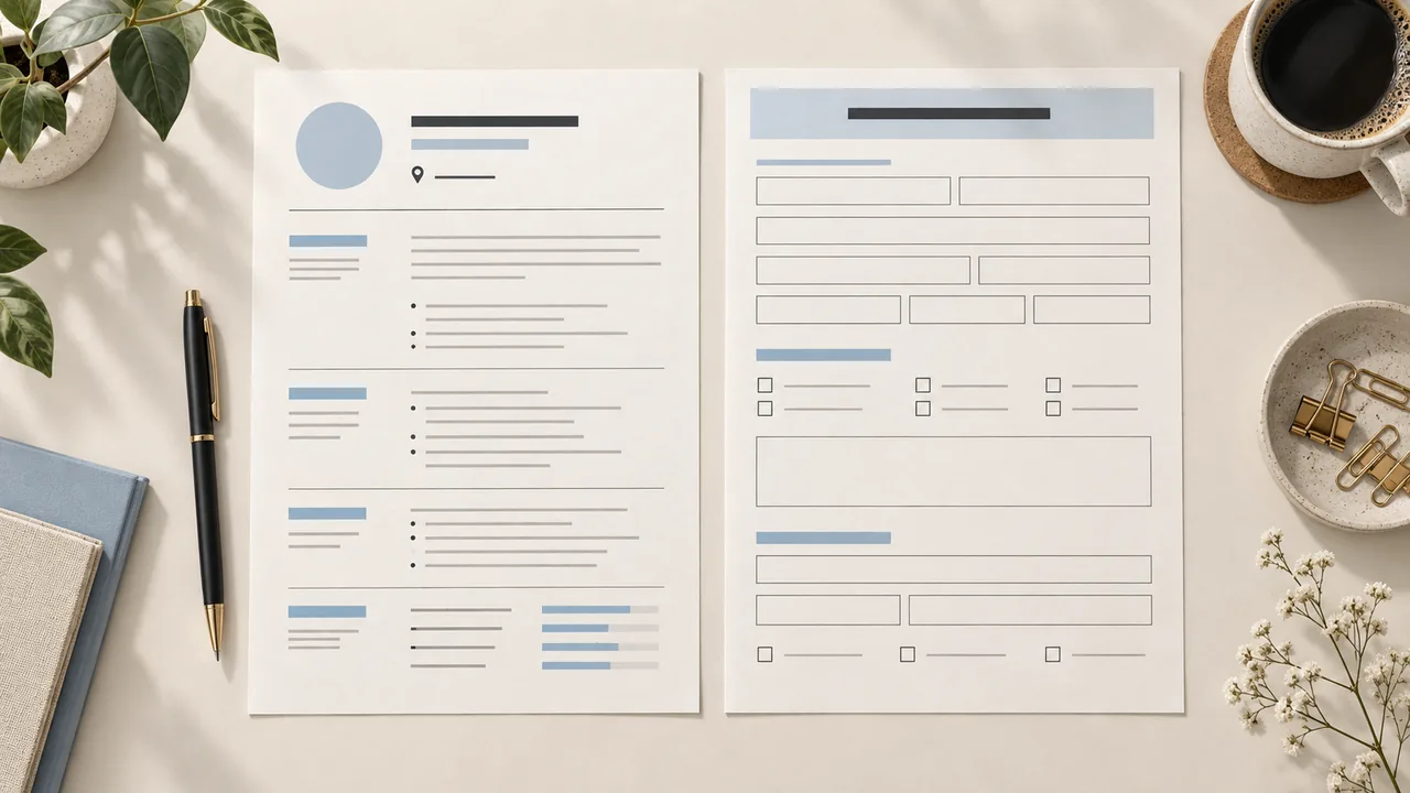 Resume header versus application form A concise resume header sits beside a detailed application form with distinct address fields.