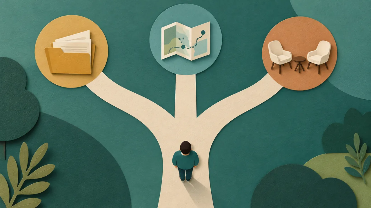 Three branching paths show a referral request, a question about process, and an informational conversation as distinct options.