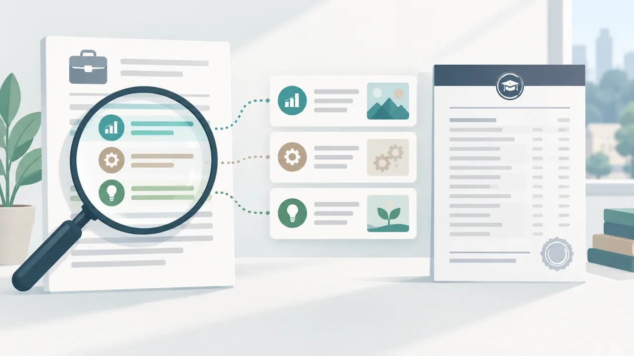 Choose coursework by job relevance A job description’s skill themes connected to a short selected course list.