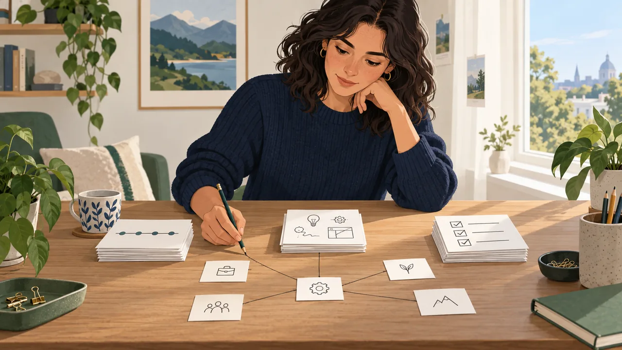 Build a Career-Change Resume Around Evidence, Not Aspirations A job seeker sorts work-history and project notes beside a target role outline, illustrating how to connect career-change resume claims to evidence.