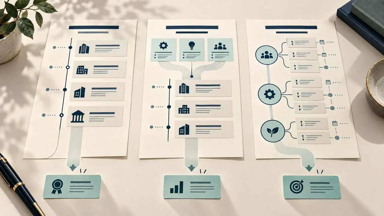 Resume formats: chronological, combination and skills-led Three illustrated resume layouts show a work timeline, skills above a timeline, and skills grouped by theme.