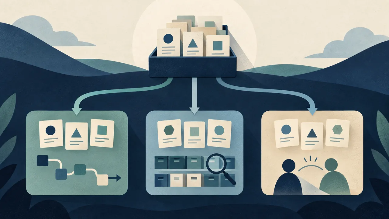 Tailor the same truthful experience for different roles Illustration of one collection of experience cards branching into three groups for different target roles.
