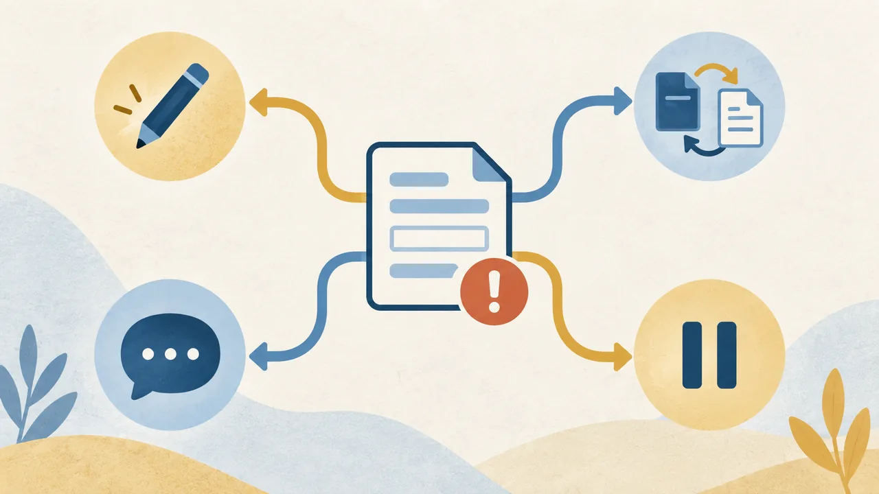 Choose the right correction path Illustration of four branching paths from a mistaken application field toward edit, replace, ask or pause decisions.