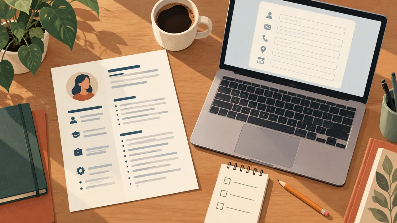 Compare the upload with the form Illustration of a job seeker comparing a resume with application fields before submitting.