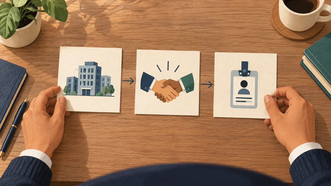 Untangle employer, client and title Illustration separating an employer name, client assignment and job title into distinct labeled-by-icon cards.