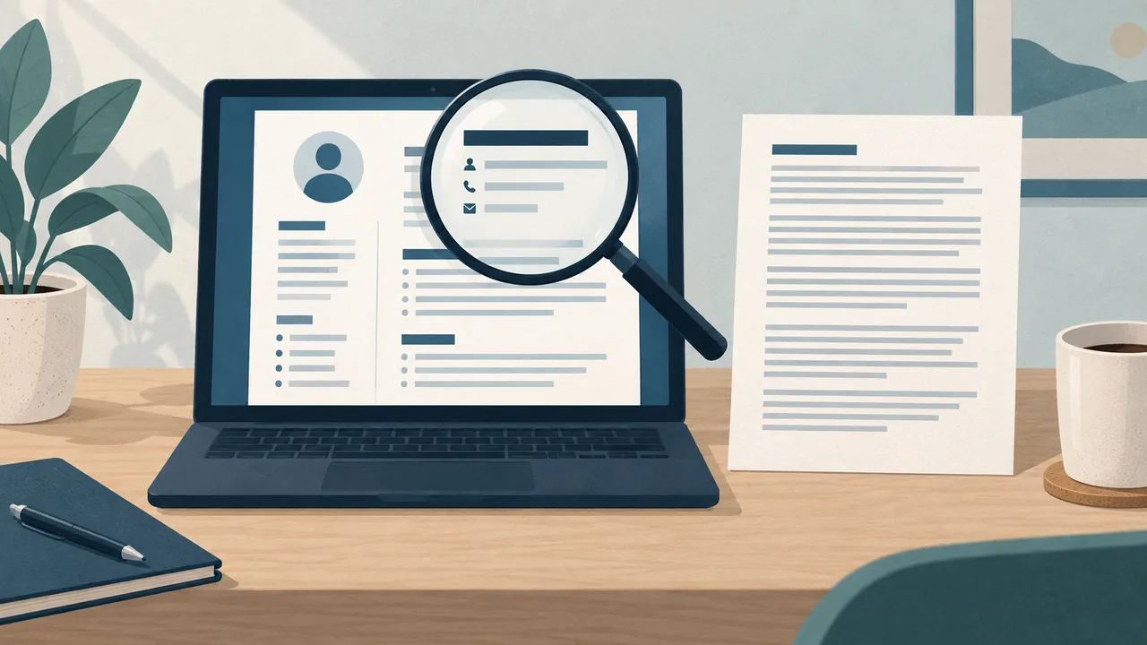How to Check Your Resume PDF Before Uploading It Illustration of a resume on a laptop beside a sheet of copied text, with a magnifying glass over the contact details.