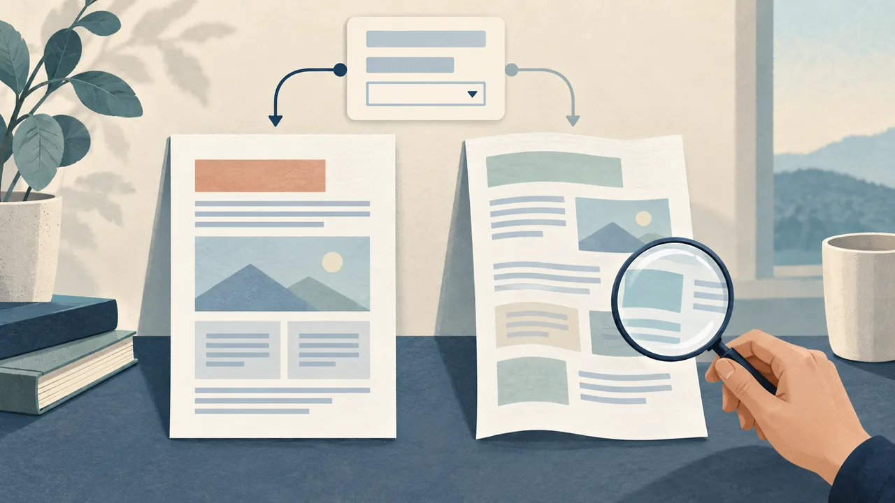 PDF or Word: follow the application’s instruction Illustration of two document layouts beneath a file-selection form, with a magnifying glass checking one page.
