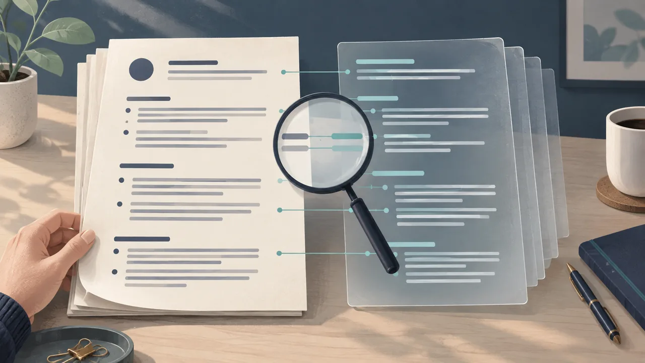 Step 6: Compare extracted text with every visible page Illustration of a resume sheet aligned with a translucent text copy, with matching lines highlighted under a magnifying glass.