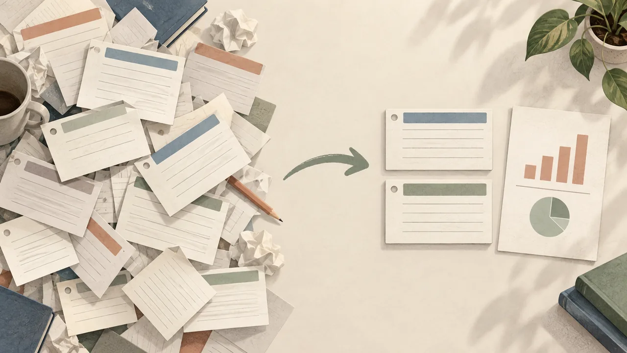 A crowded stack of course slips is reduced to two focused cards beside a project page.