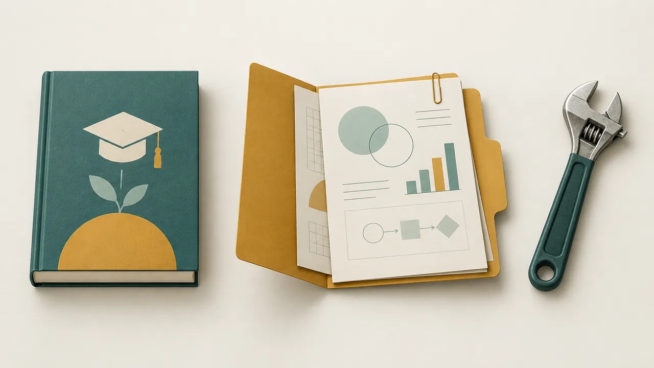 Course book, project folder, and tool icons shown side by side as distinct evidence types.