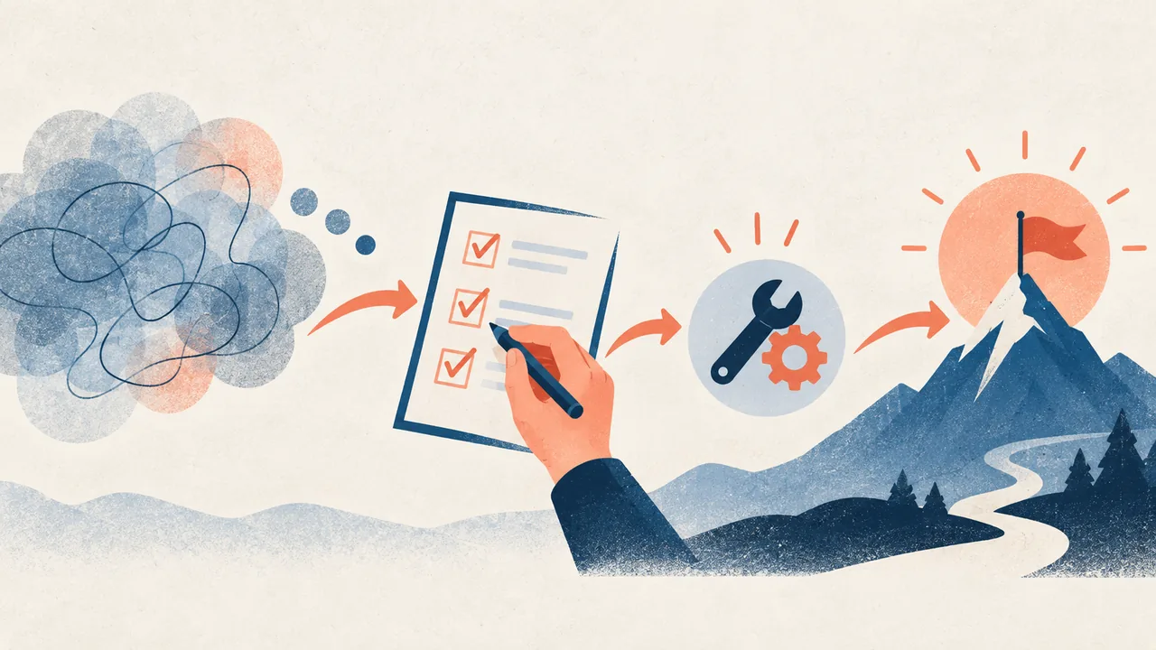 Turn a vague claim into a concrete action Illustrated transformation from a vague cloud into a clear sequence of task steps.