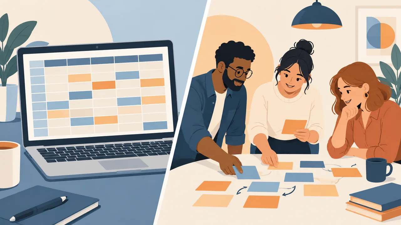 Two kinds of skills, two kinds of proof Split illustration contrasting a software tool with a team coordination scene.