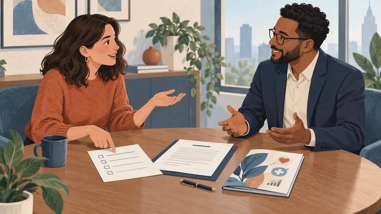 Candidate asks a recruiter focused questions while reviewing written offer terms and benefit documents.