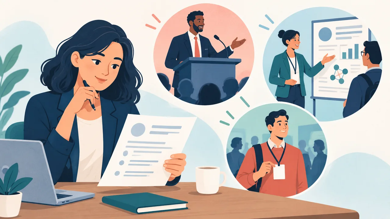 A presentation is not the same as attendance Illustrated choice between a talk, poster presentation, and conference attendance.