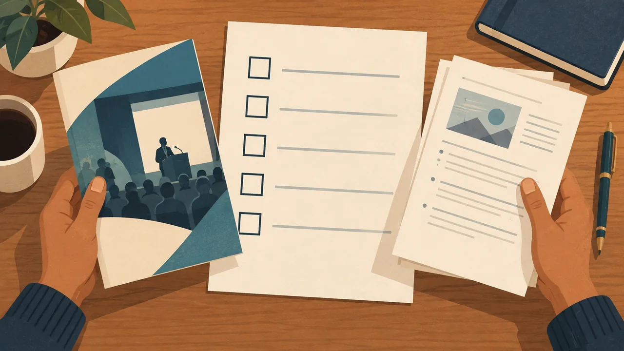 Verify the five facts before listing a talk Illustrated checklist for verifying title, event, date, role, and co-presenters.
