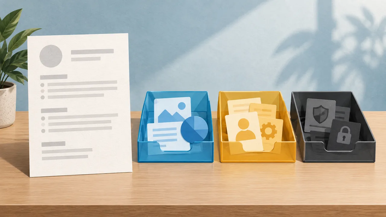 Illustrated resume details sorted into public, permission-check and omit categories.