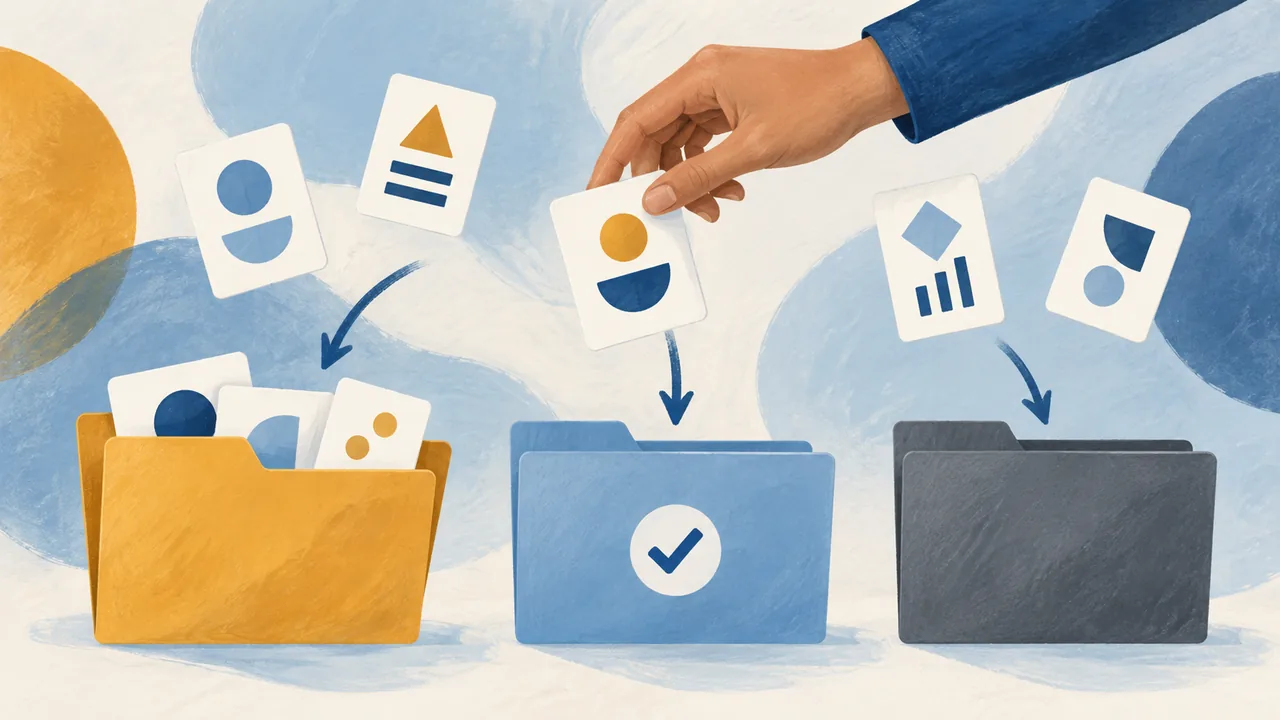 A hand places abstract project details into share, check and omit folders.