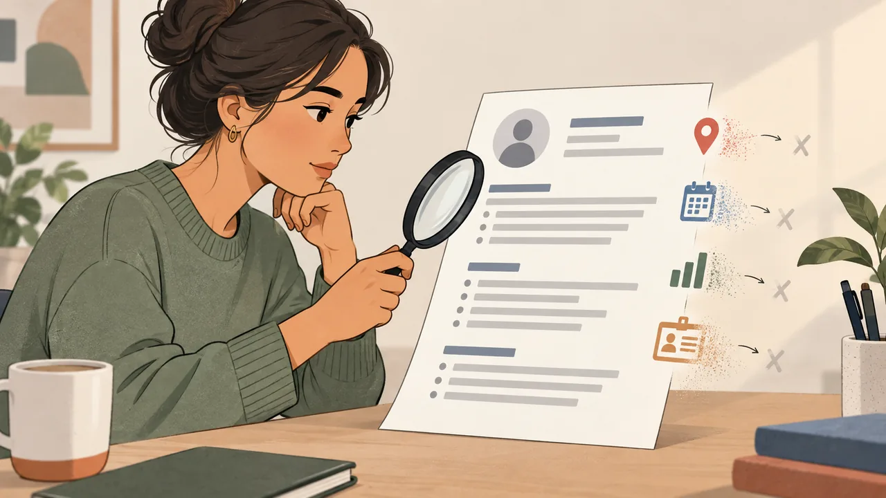 A magnifying glass checks a resume for identifying clues before sending.