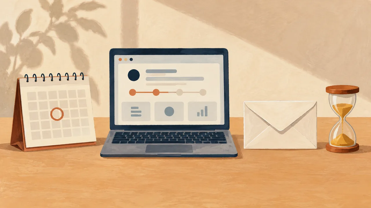 Choose the right moment to check in Illustration of a calendar, generic application portal, single envelope, and hourglass representing a measured follow-up decision.