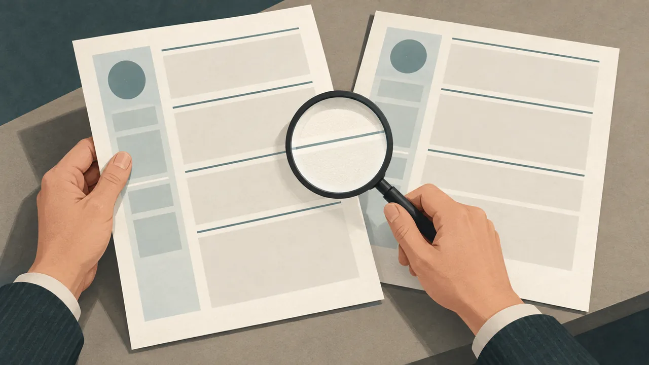 Illustration of a person checking a two-page resume for readability and a clean page break.