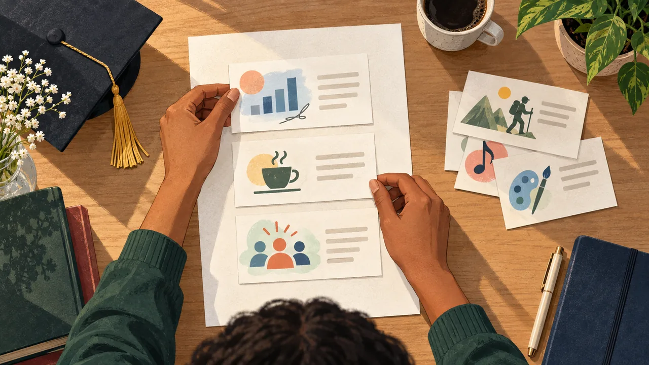 Illustration of a graduate choosing a few relevant examples from projects, study, and part-time work.