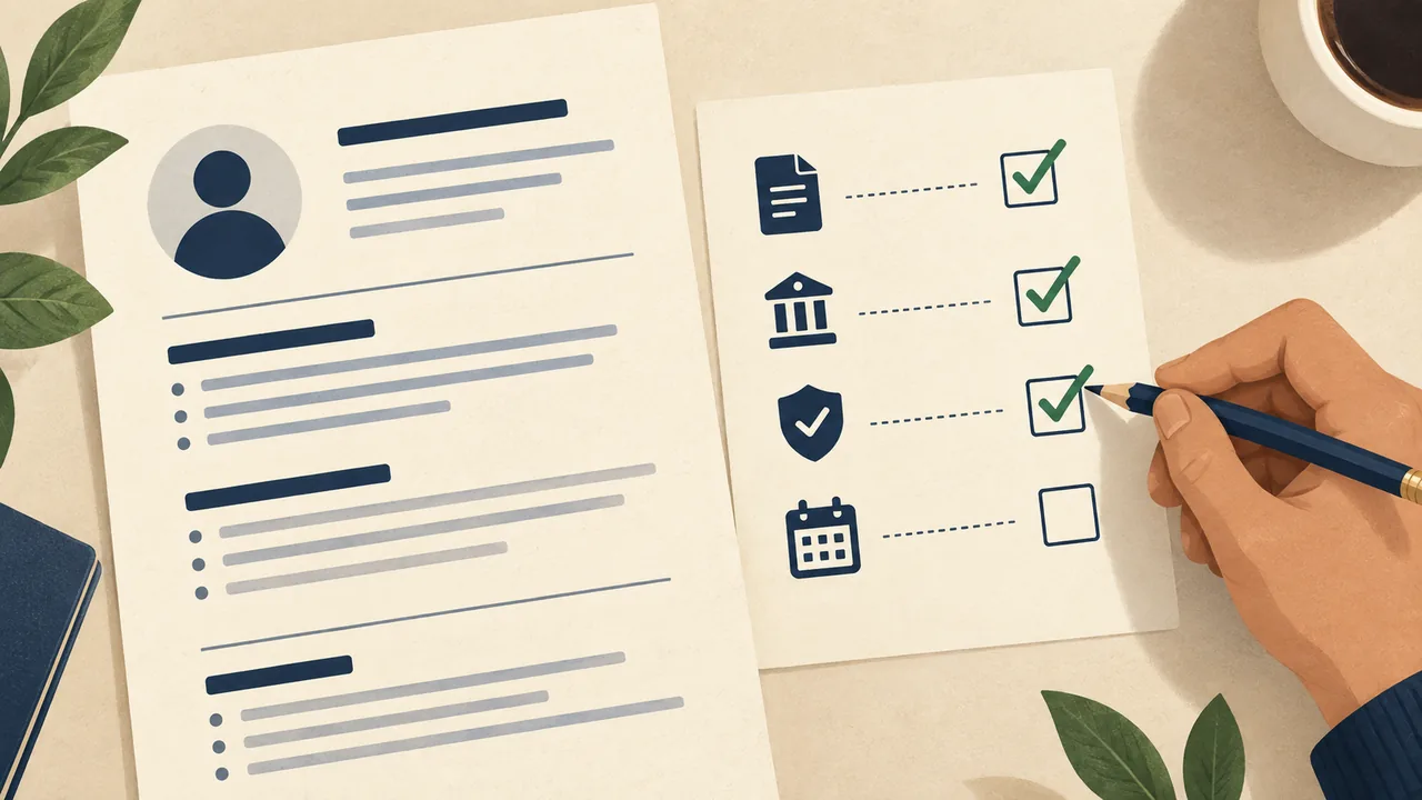 A checklist beside a resume line, highlighting issuer, exact title, status, and date.
