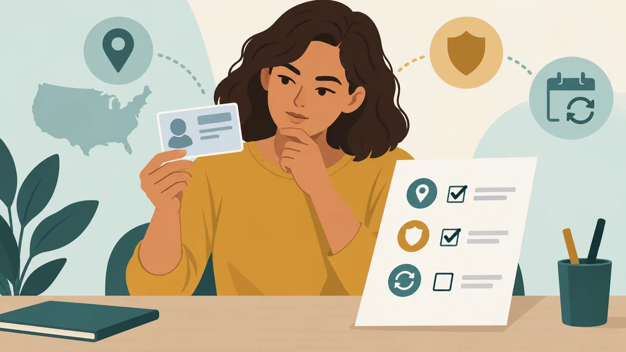 A person comparing a generic license record with a checklist of status and jurisdiction fields.