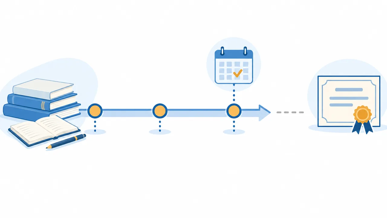A progress path ending at an exam marker, with the final credential visibly not yet reached.