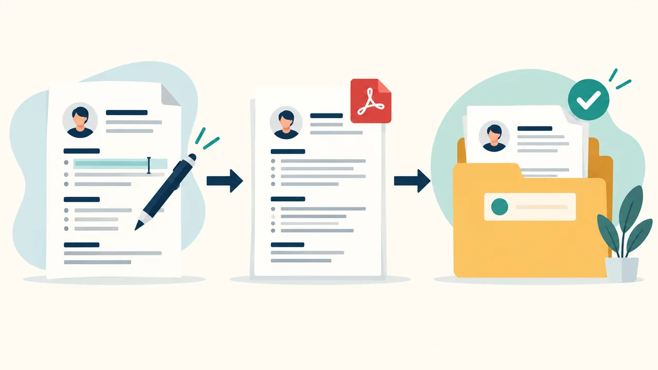 From Draft to Submitted Copy A resume draft, exported PDF, and saved application copy shown as separate steps.