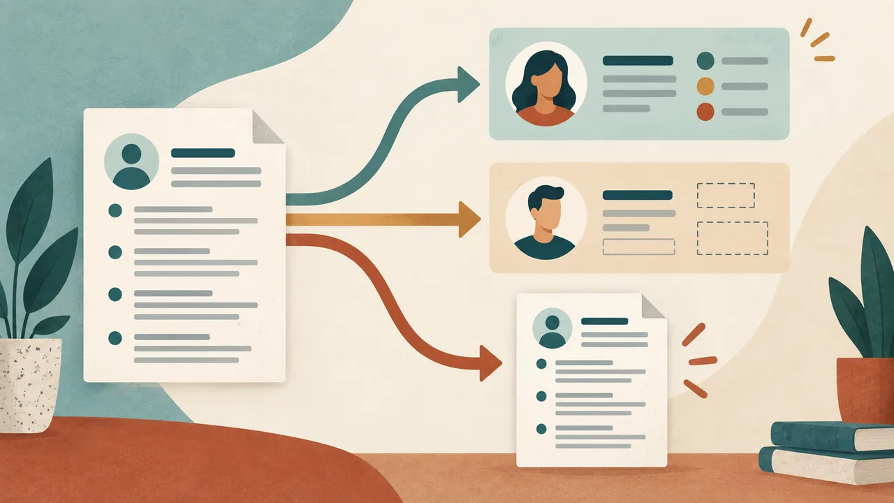 Three choices for the profile link Three diverging paths represent linking a ready profile, an unfinished page, or no profile link.