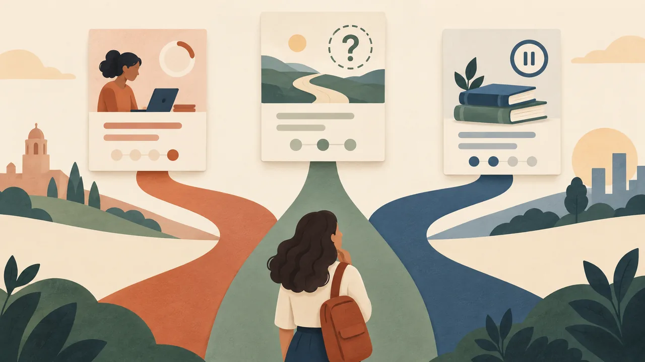 Choose the truthful education status Illustrated pathways distinguish current study, uncertain completion timing, and prior coursework.