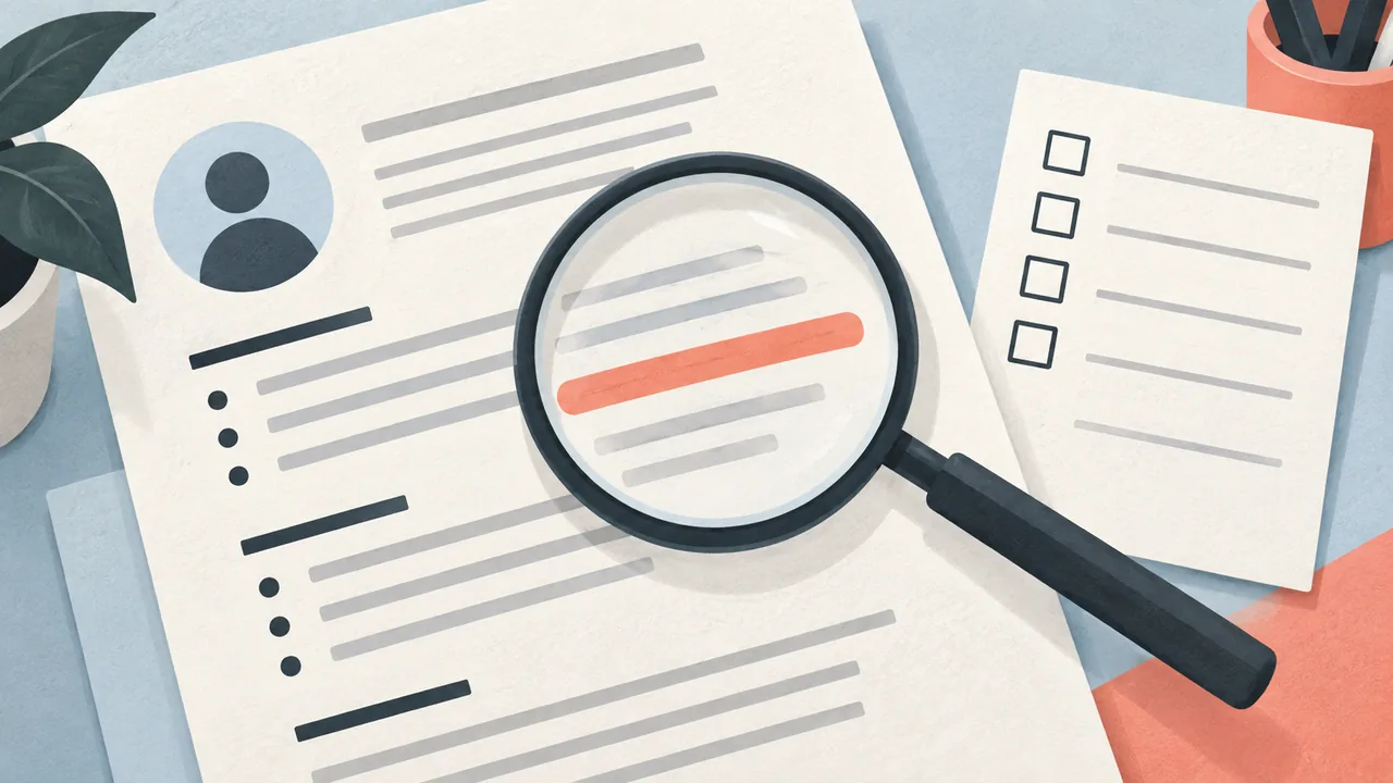 Review the education entry before sending A magnifying glass highlights a status marker on an abstract resume page.