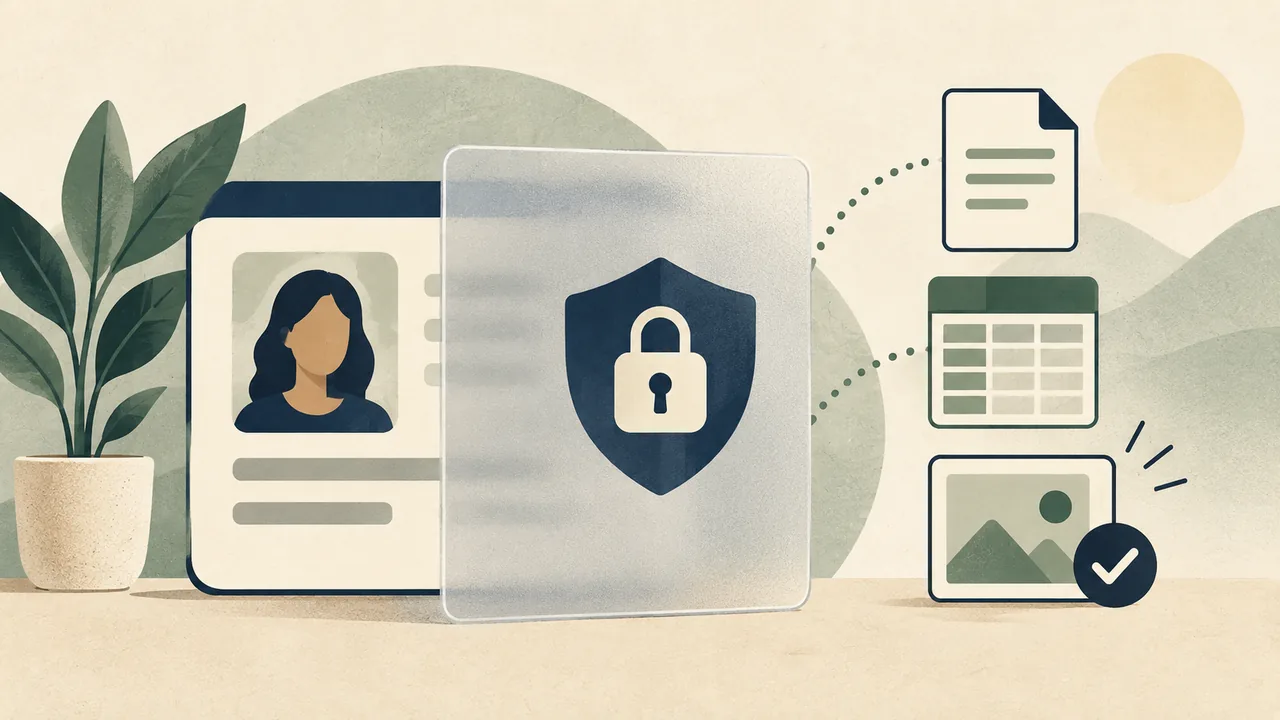 Protect identity while keeping the work specific A partially covered client card remains beside visible task and deliverable symbols.