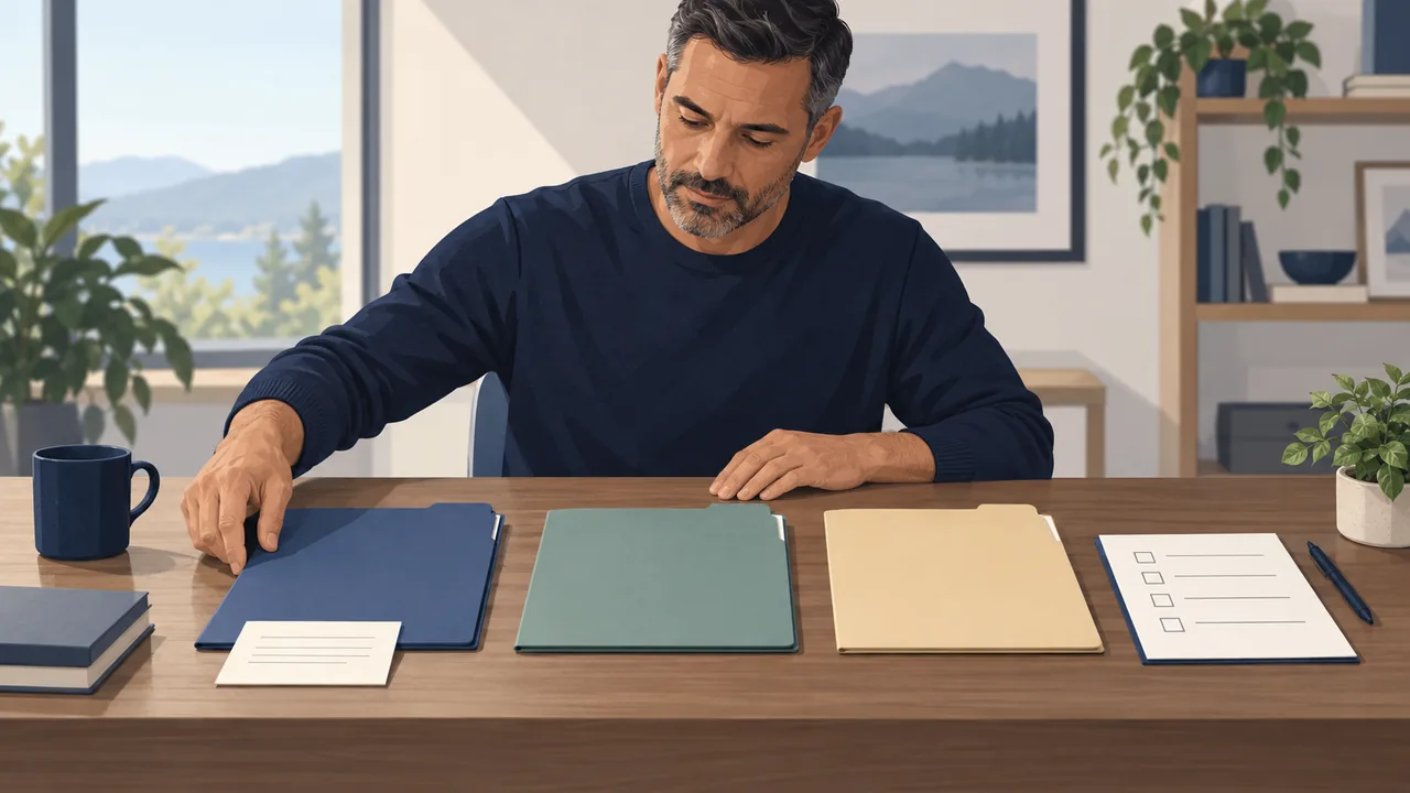 Separate training from credentials Illustration of a job seeker separating military course records, qualifications, and civilian license documents.