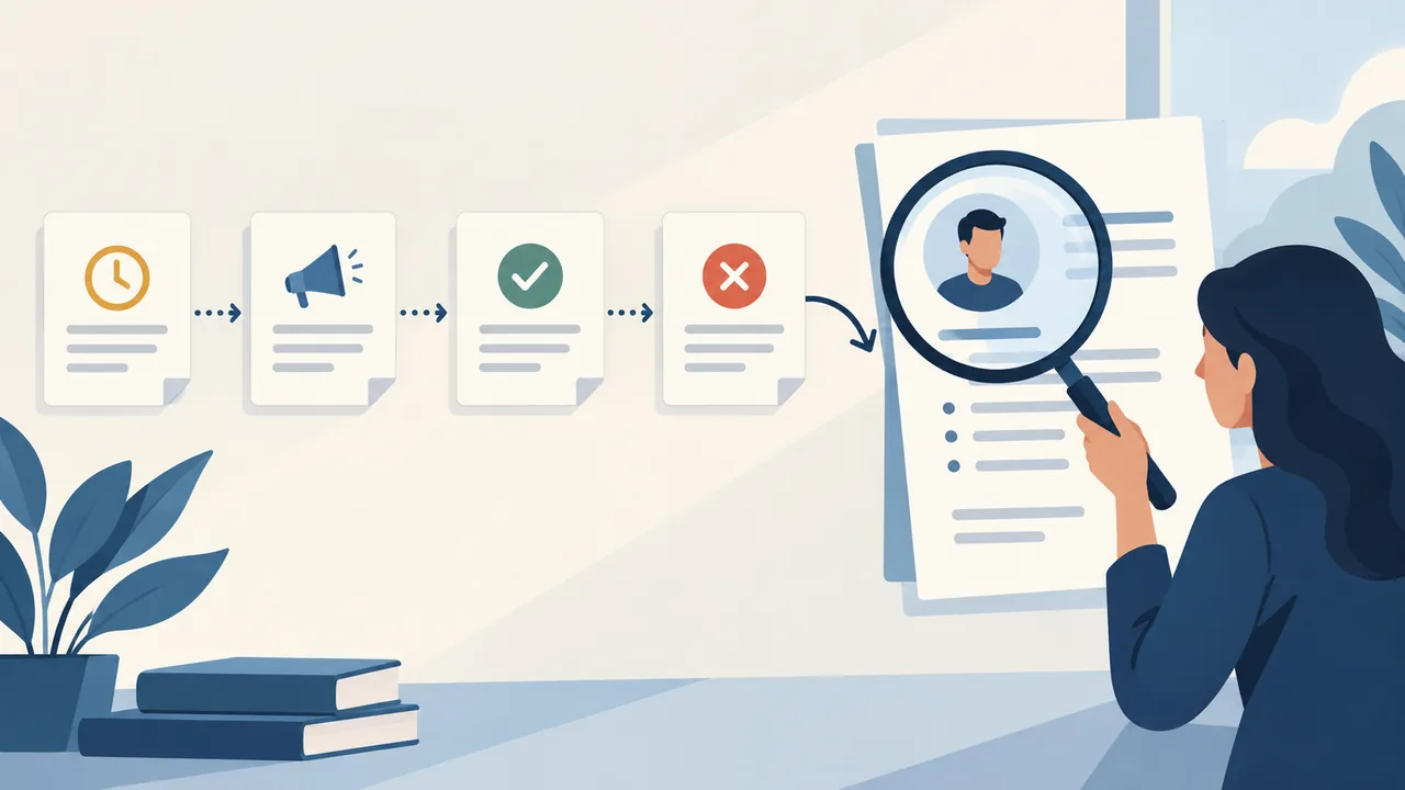 Illustration of four patent application status cards being checked before one is placed on a resume.