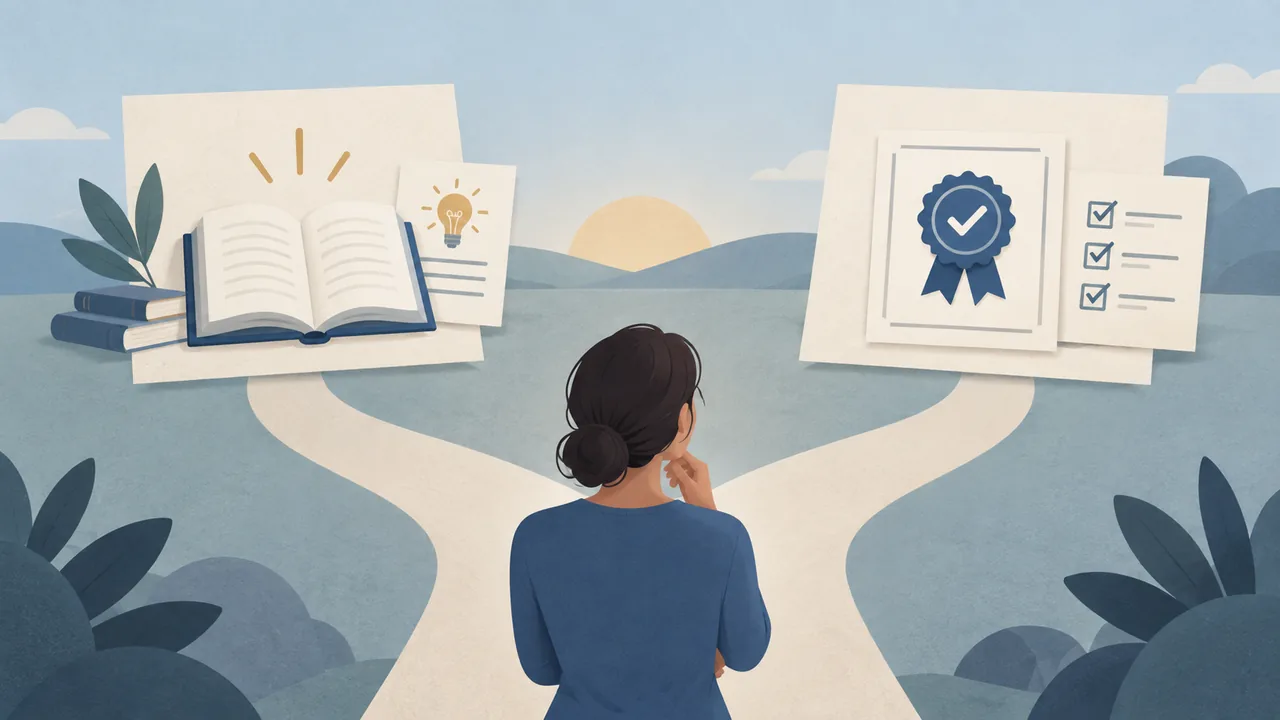 Course or credential? Illustrated decision paths distinguish course learning from formal credentials.