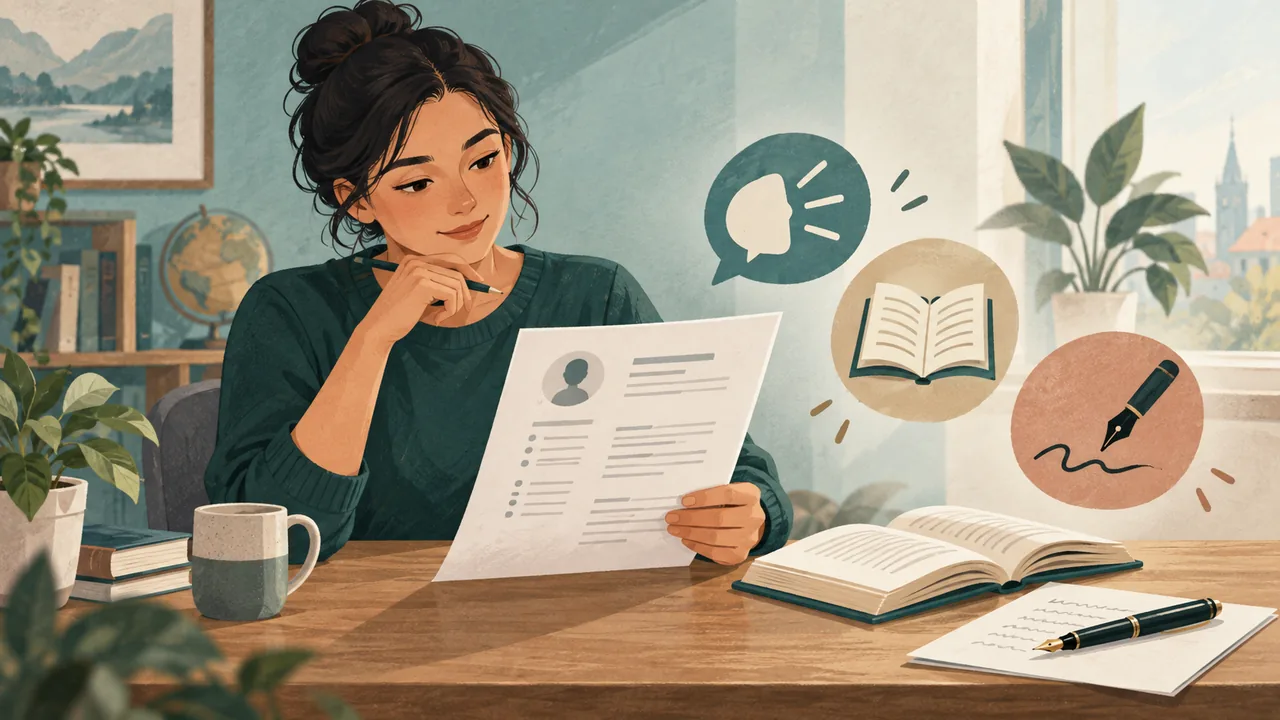 Illustration of a job seeker comparing language skills before writing a resume entry.