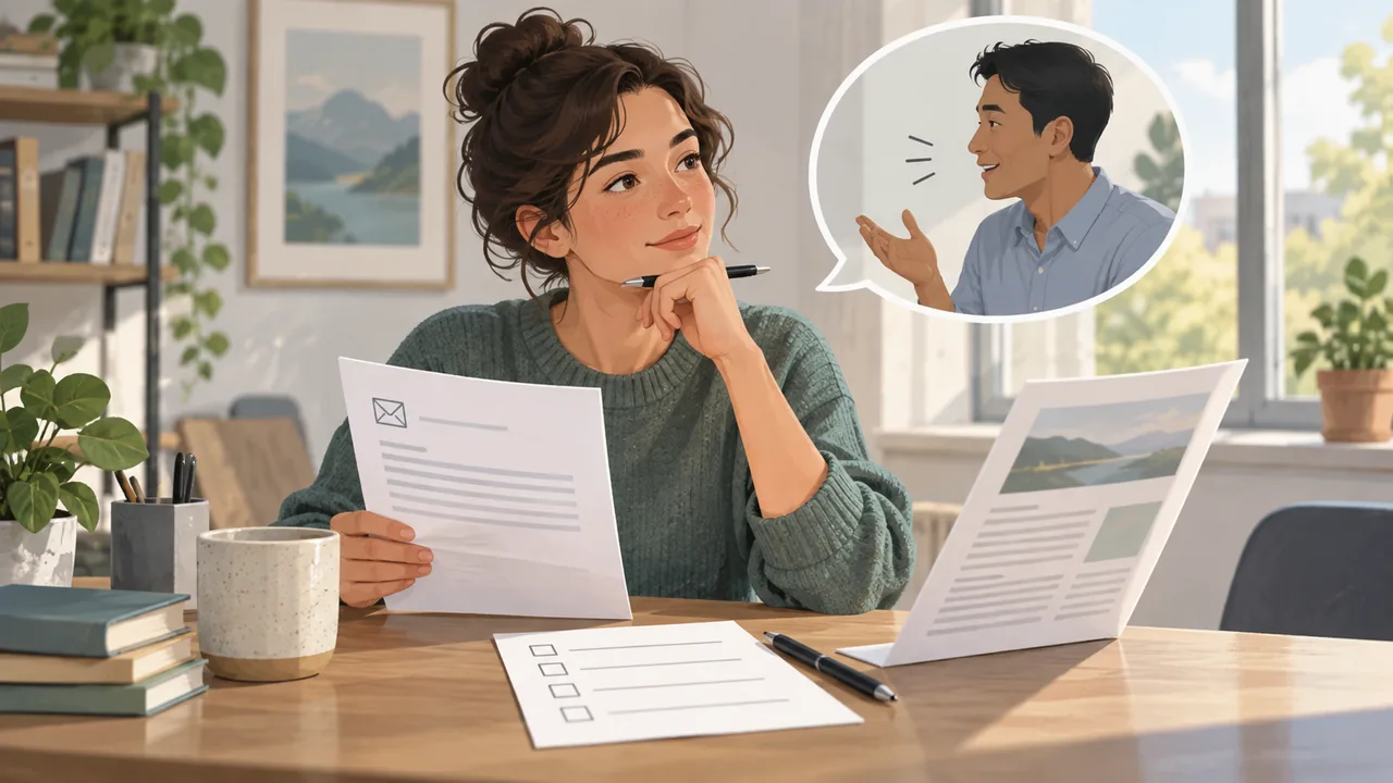 Illustration of a candidate checking language skills against workplace communication tasks.