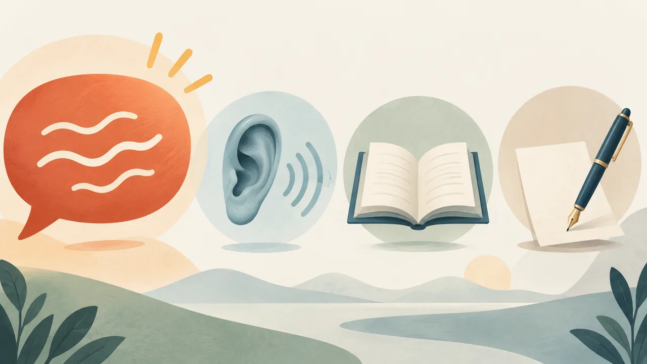 Illustration separating speaking, listening, reading, and writing into distinct skill areas.