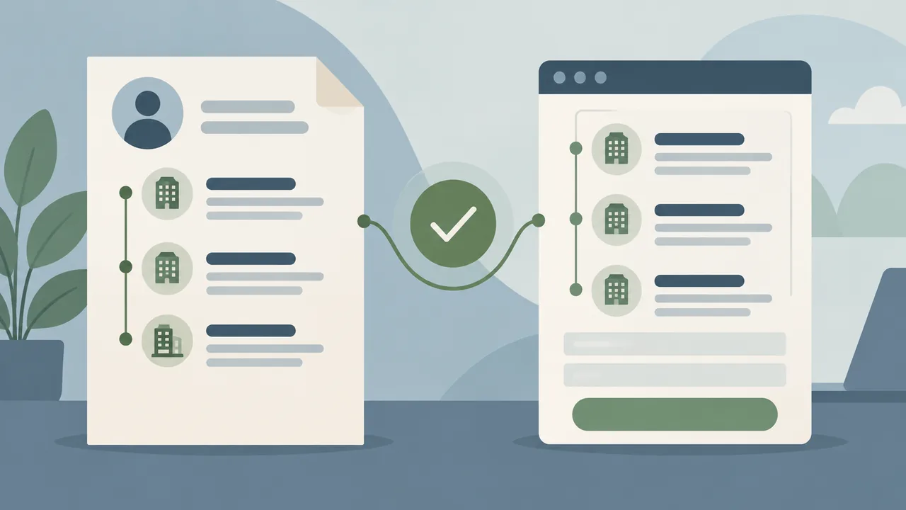 Resume and application form side by side with aligned employer and date details.
