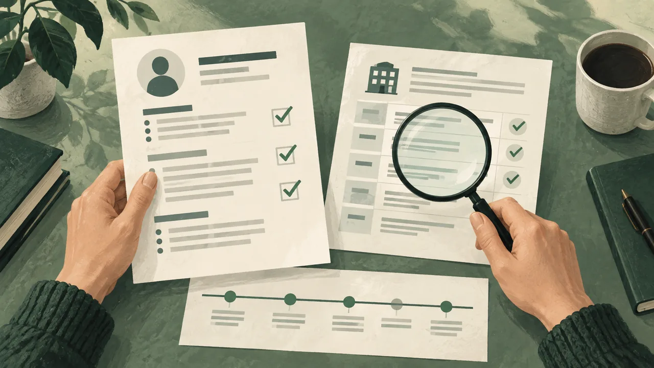 The title truth check A person checks a resume title against a simple document and date timeline.