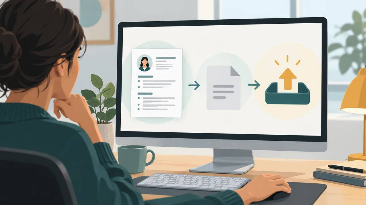 A person checking a resume document before attaching it to an application.
