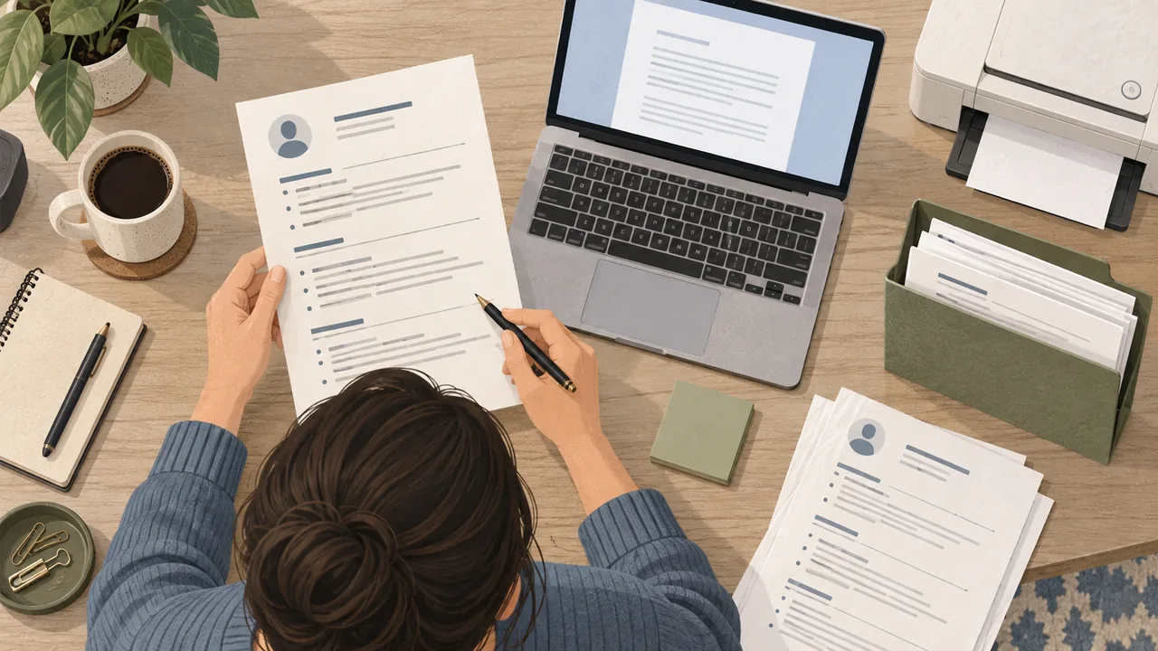 Check the Final PDF A printed resume and a digital PDF are checked side by side before a job fair.