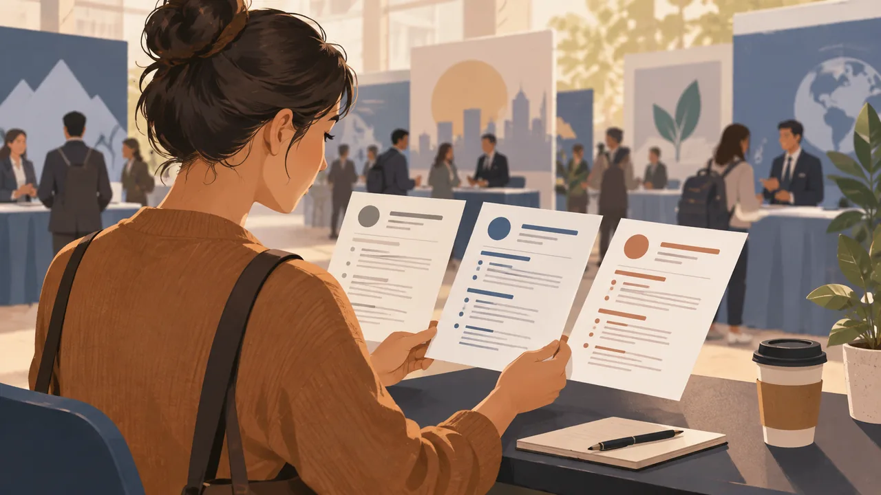 Choose a Small Set of Resume Versions Illustration of a job seeker choosing between a baseline resume and two role-specific copies at a career fair.
